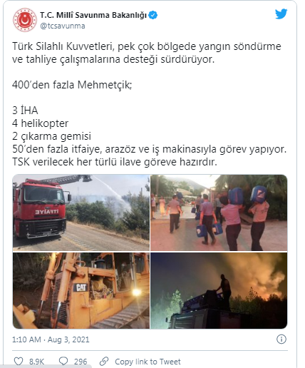 TSK, pek çok bölgede yangın söndürme ve tahliye çalışmalarına destek  vermeyi sürdürüyor