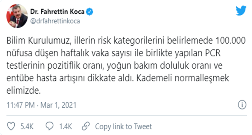 Sağlık Bakanı Koca illerin risk kategorilerini belirlemede dikkate alınan  faktörleri açıkladı