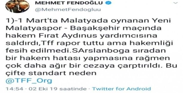 Milletvekili Fendoğlu’ndan Hakem Suat Arslanboğa’ya destek