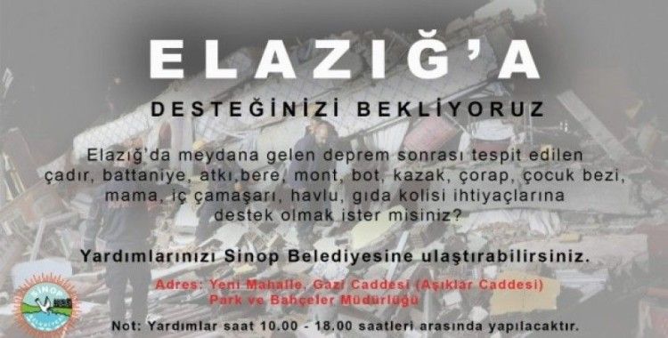 Sinop Belediyesinden Elazığ’a yardım eli