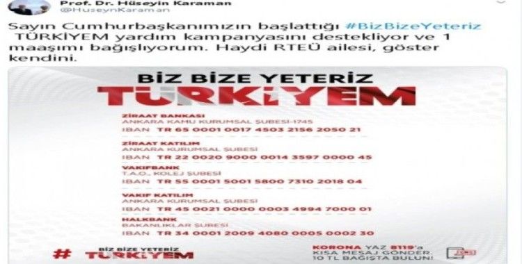 RTEÜ Rektörü Karaman’dan  "Bize bize yeteriz Türkiyem" kampanyasına destek