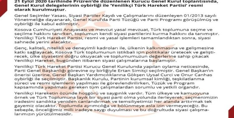  Kosova’da “Yenilikçi Türk Hareket Partisi” adıyla yeni siyasi parti kuruldu