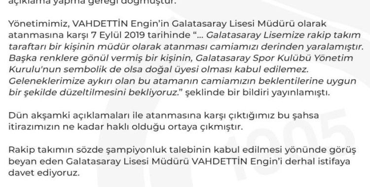 Galatasaray’dan açıklama: "Vahdettin Engin derhal istifa etmelidir"