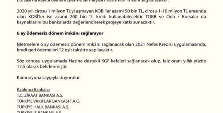 2021 Nefes Kredisi’nin 1 Haziran’da uygulamaya alınacak