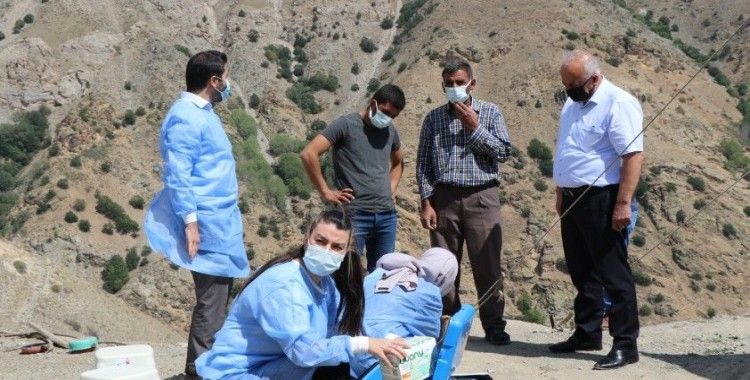 Erzincan’ın sarp dağlarını aşan sağlıkçılar 2 bin 800 rakımlı Geyikli Yaylasında göçerleri aşıladı