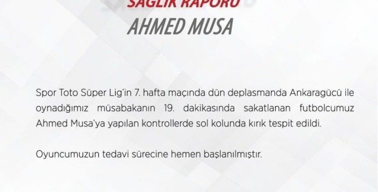 Sivassporlu futbolcu Ahmed Musa’da kırık tespit edildi