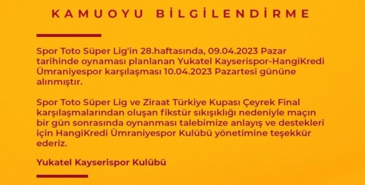 Kayserispor - Ümraniyespor maçı Pazartesi’ne alındı

