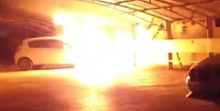 Alev alev yanan araçta meydana gelen patlama anındaki panik kamerada