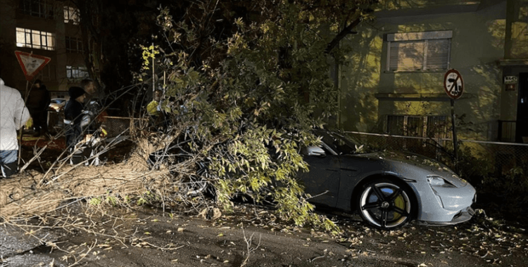 Ankara'da rüzgar nedeniyle üzerine ağaç devrilen otomobil hasar gördü