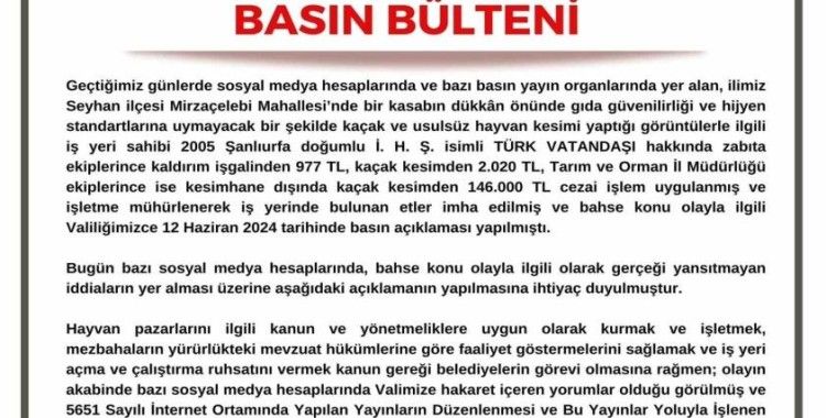 Adana Valiliği: "Kasapla ilgili gerekli cezalar uygulandı"
