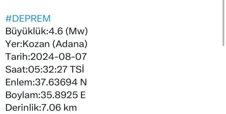 Adana’da 4,6 büyüklüğünde deprem meydana geldi
