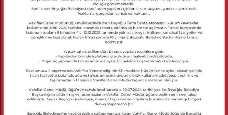 Vakıflardan ‘Terra Santa Manastırı’na ilişkin açıklama
