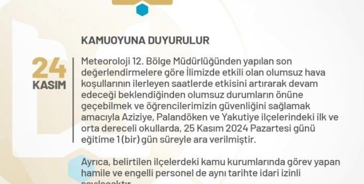 Erzurum’da eğitim bir günlük ara
