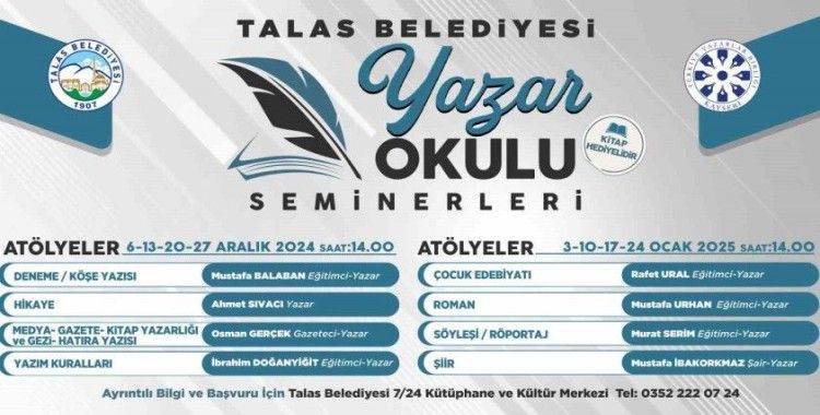 Talas’ta yazar okulu seminerleri başlıyor
