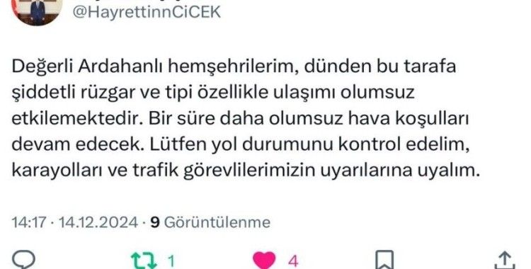 Vali Çiçek’ten sürücülere kar ve tipi uyarısı
